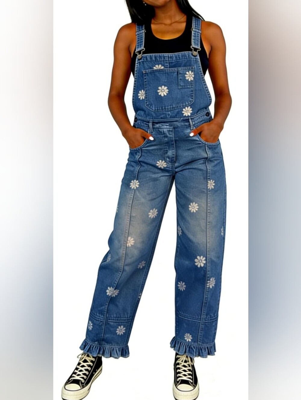 NWT Women's Floral Print Denim Overalls Wide Leg Barrel Jeans Daisy Patchwork Y2